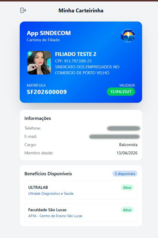 Carteirinha digital do filiado SINDECOM no celular
